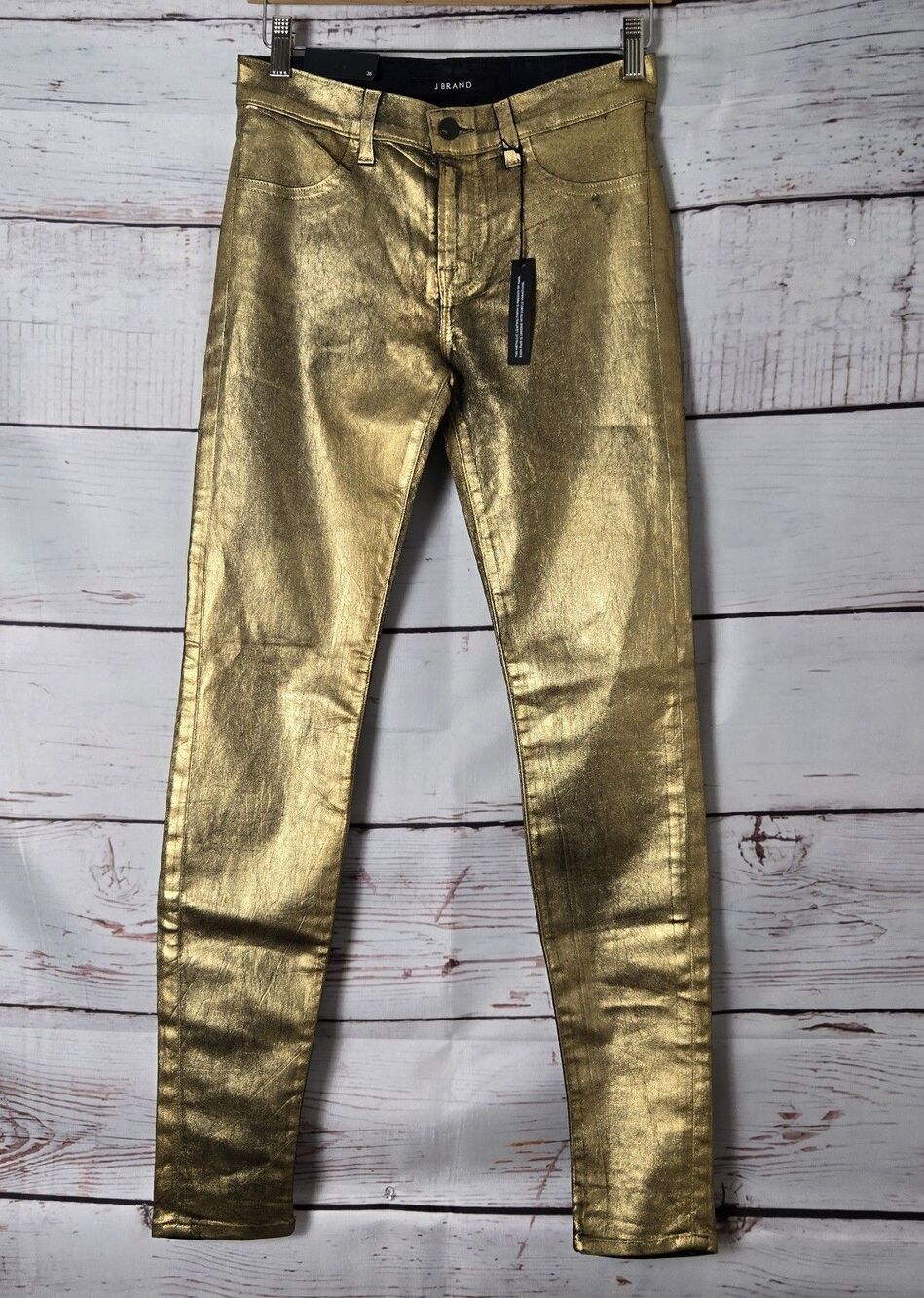 J Brand Womens Pants Size 26 Gold Metallic Super Skinny Mid Rise Denim Style